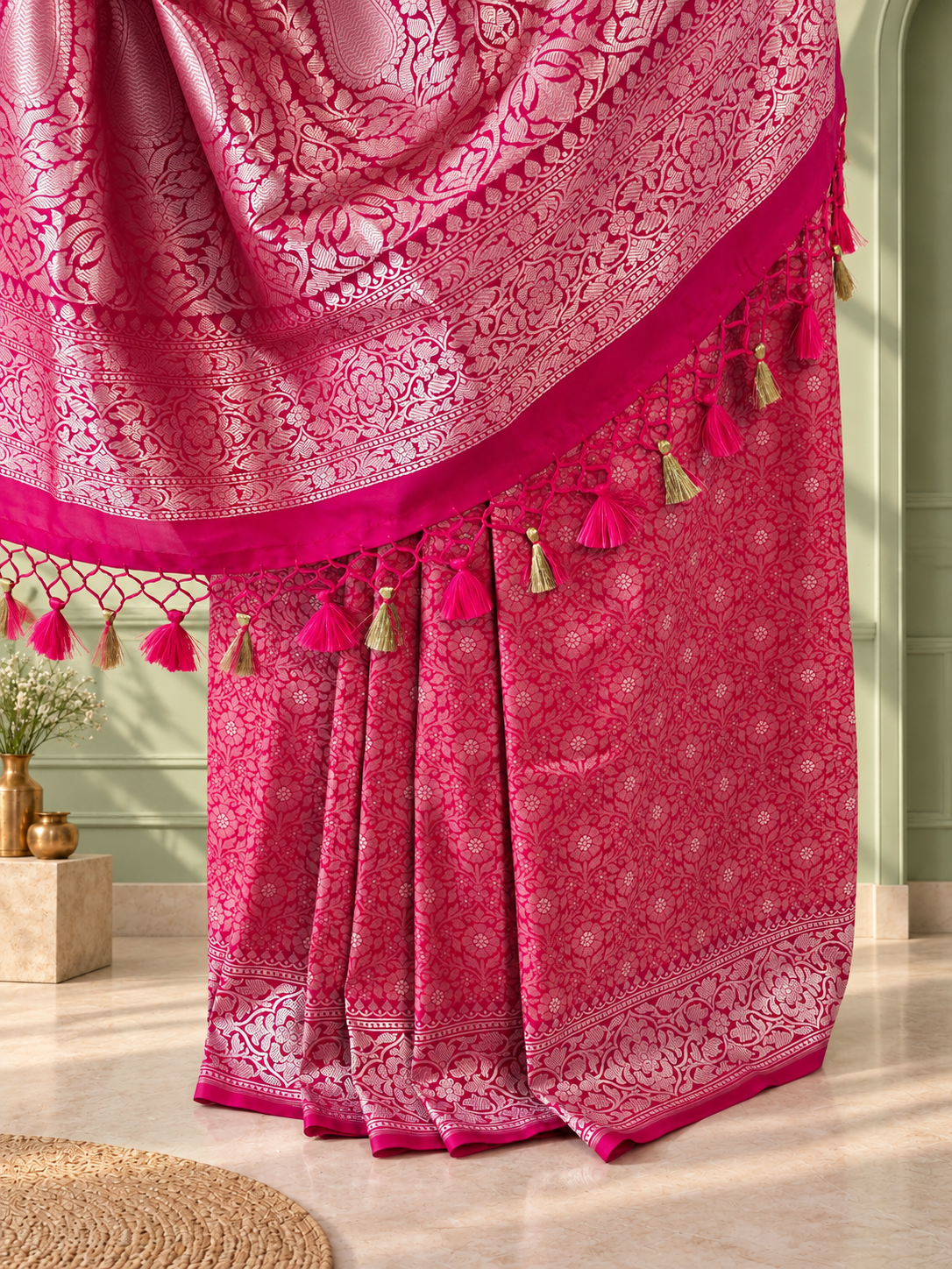 pink crepe jaal silk saree with contrasting floral border