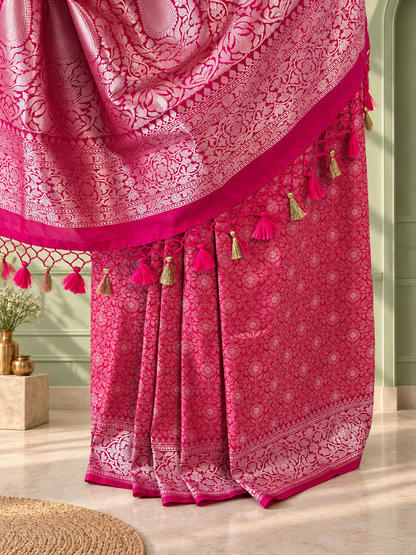 Pink Crepe Jaal Silk Saree with Contrasting Floral Border