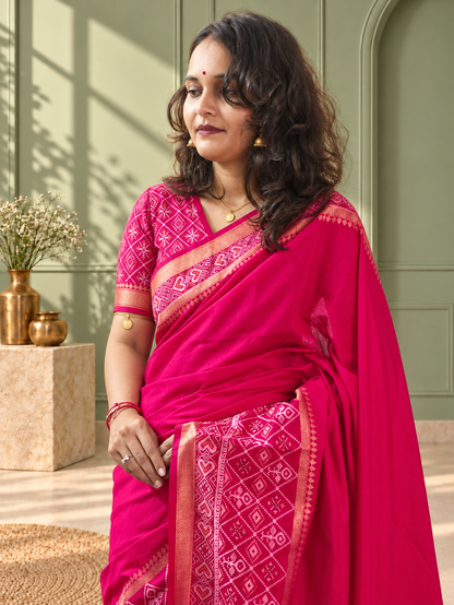 Rani Pink Silk Gala Patola Broad Border Saree