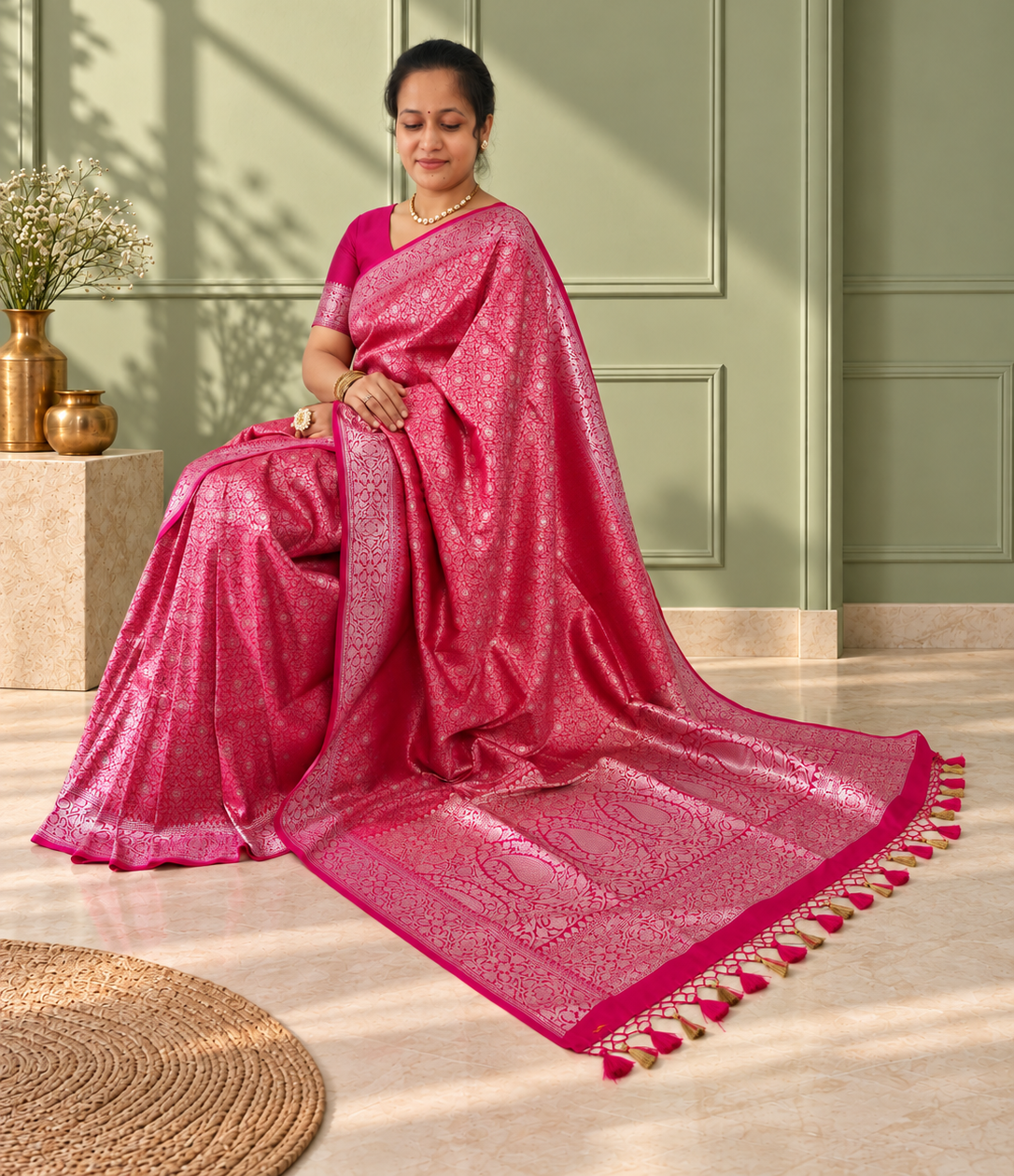 pink crepe jaal silk saree with contrasting floral border