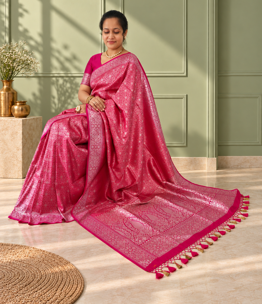 Pink Crepe Jaal Silk Saree with Contrasting Floral Border