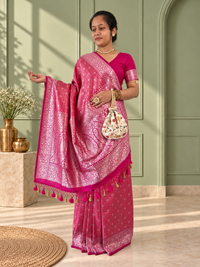 Pink Crepe Jaal Silk Saree with Contrasting Floral Border
