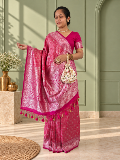 Pink Crepe Jaal Silk Saree with Contrasting Floral Border