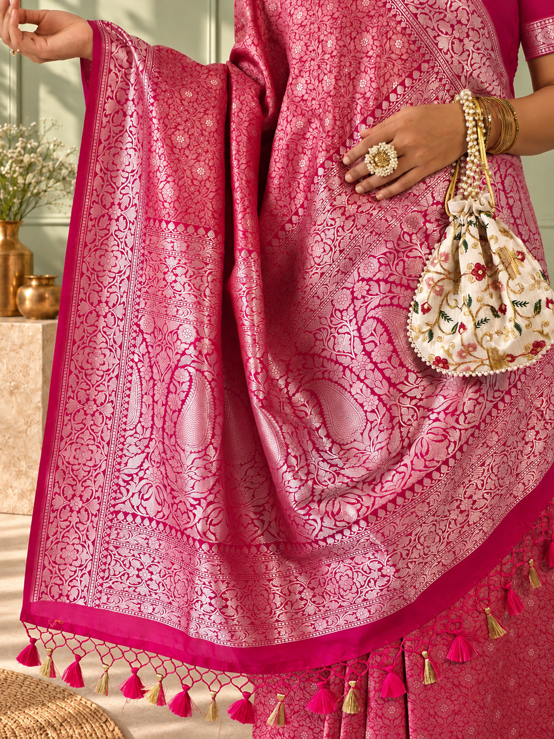 pink crepe jaal silk saree with contrasting floral border