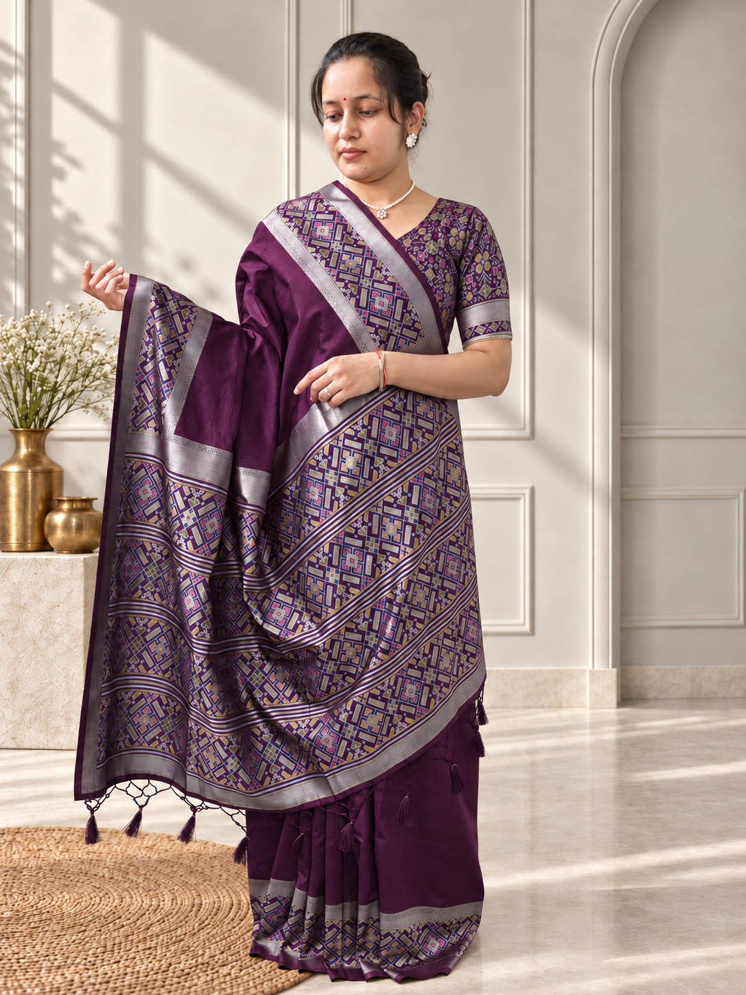 royal purple patola silk saree with traditional motif