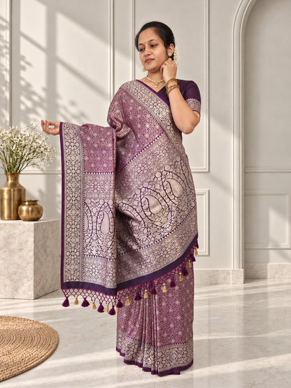 Wine Crepe Jaal Silk Saree with Contrasting Floral Border