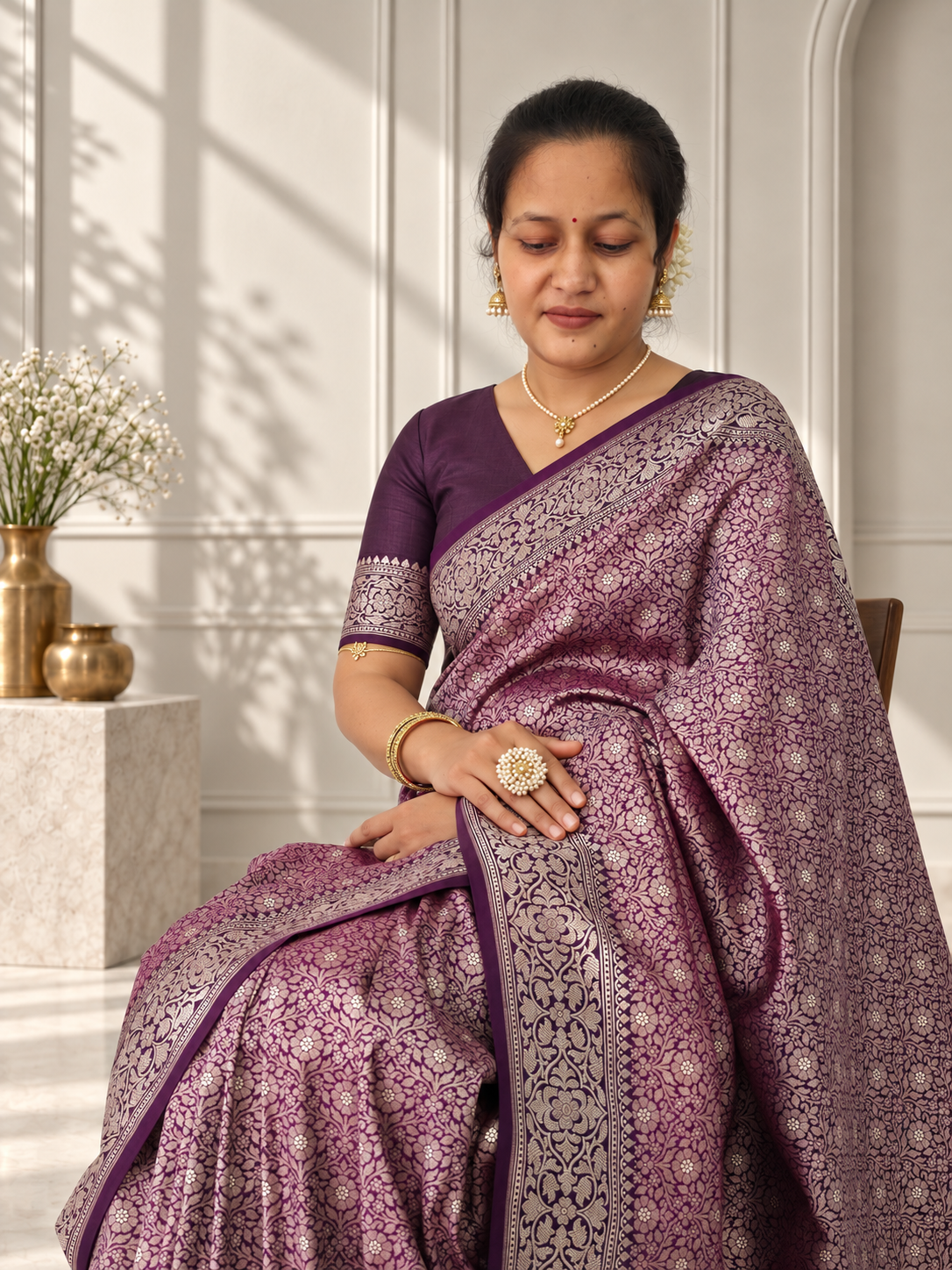 wine crepe jaal silk saree with contrasting floral border