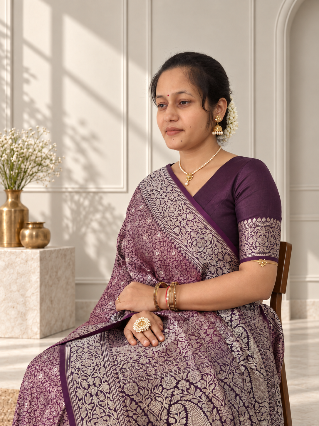 Wine Crepe Jaal Silk Saree with Contrasting Floral Border