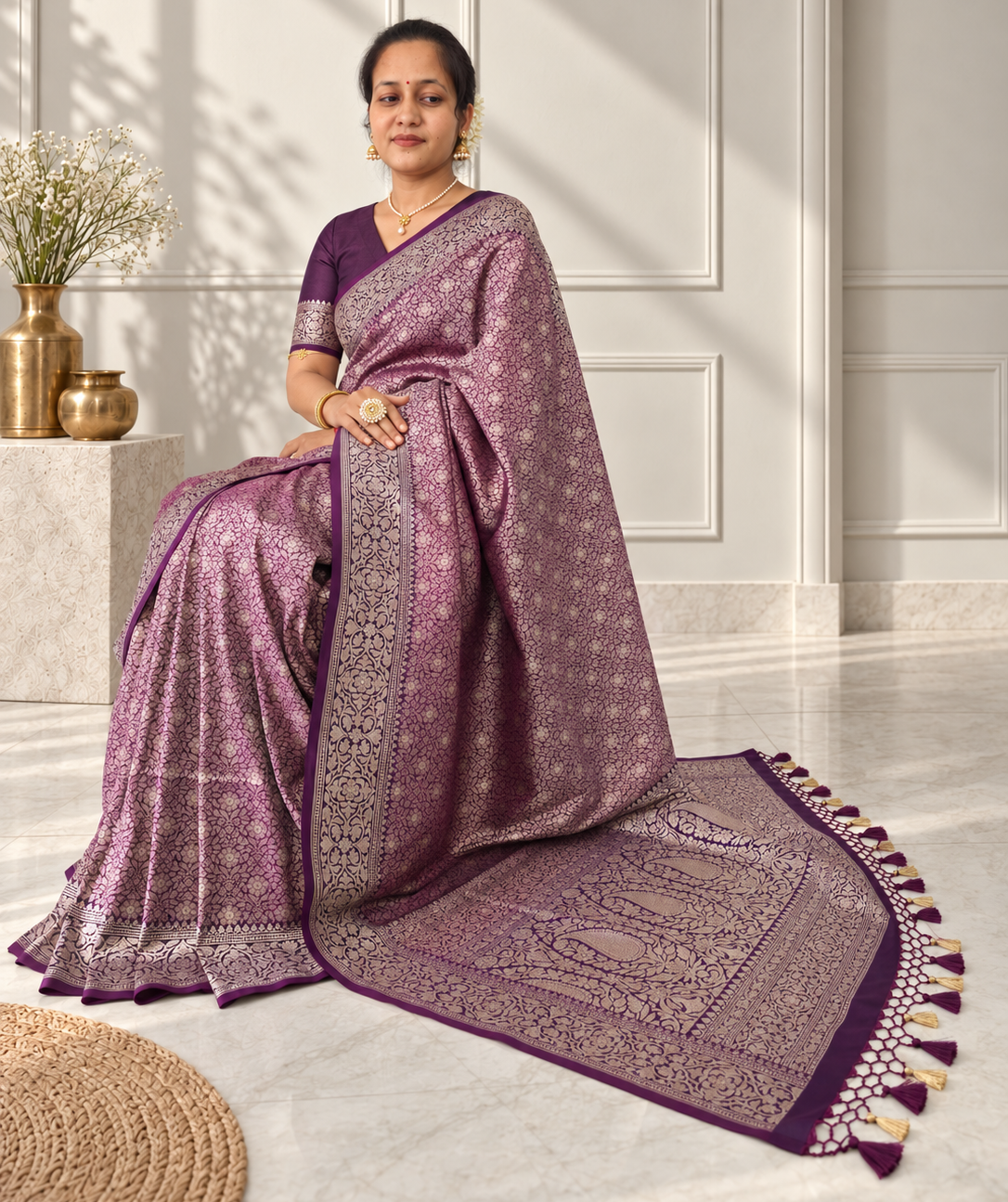 wine crepe jaal silk saree with contrasting floral border