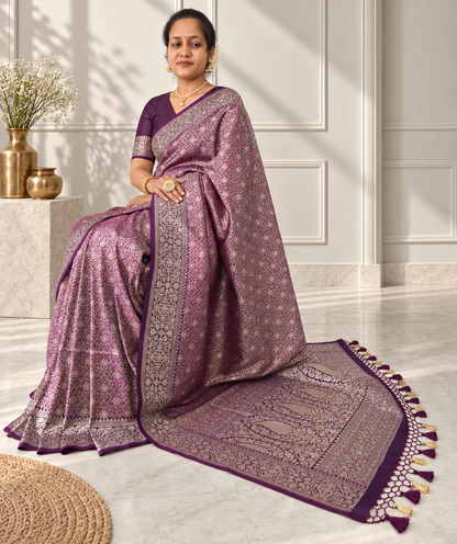 Wine Crepe Jaal Silk Saree with Contrasting Floral Border