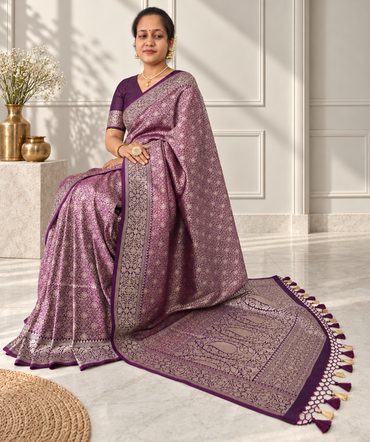 Wine Crepe Jaal Silk Saree with Contrasting Floral Border