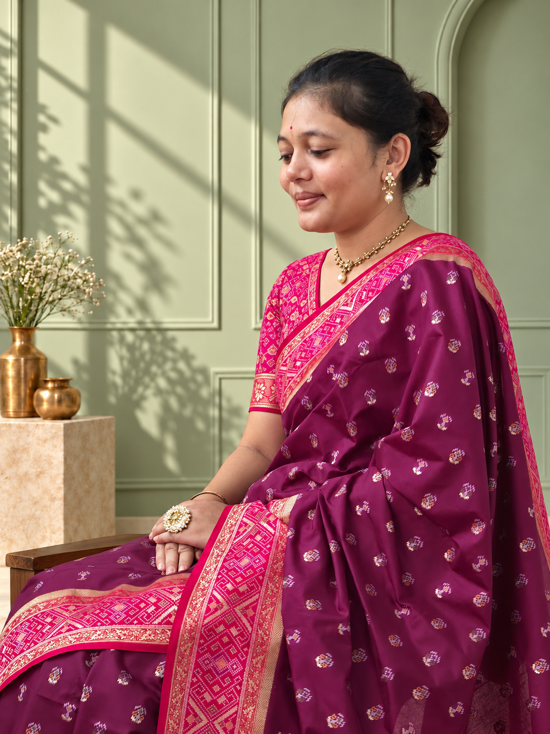 maroon magenta silk patola saree with geometric woven border