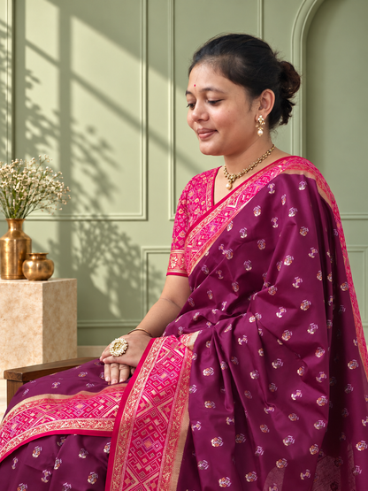 Maroon Magenta Silk Patola Saree with Geometric Woven Border