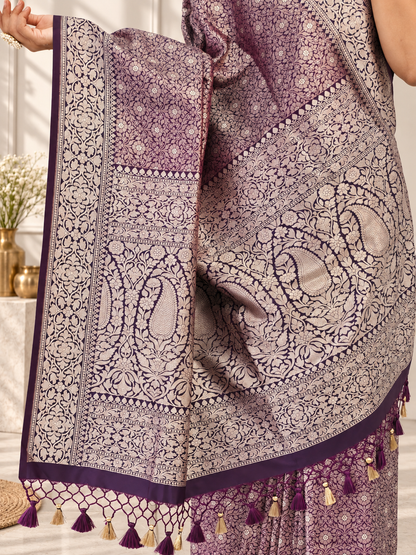 Wine Crepe Jaal Silk Saree with Contrasting Floral Border