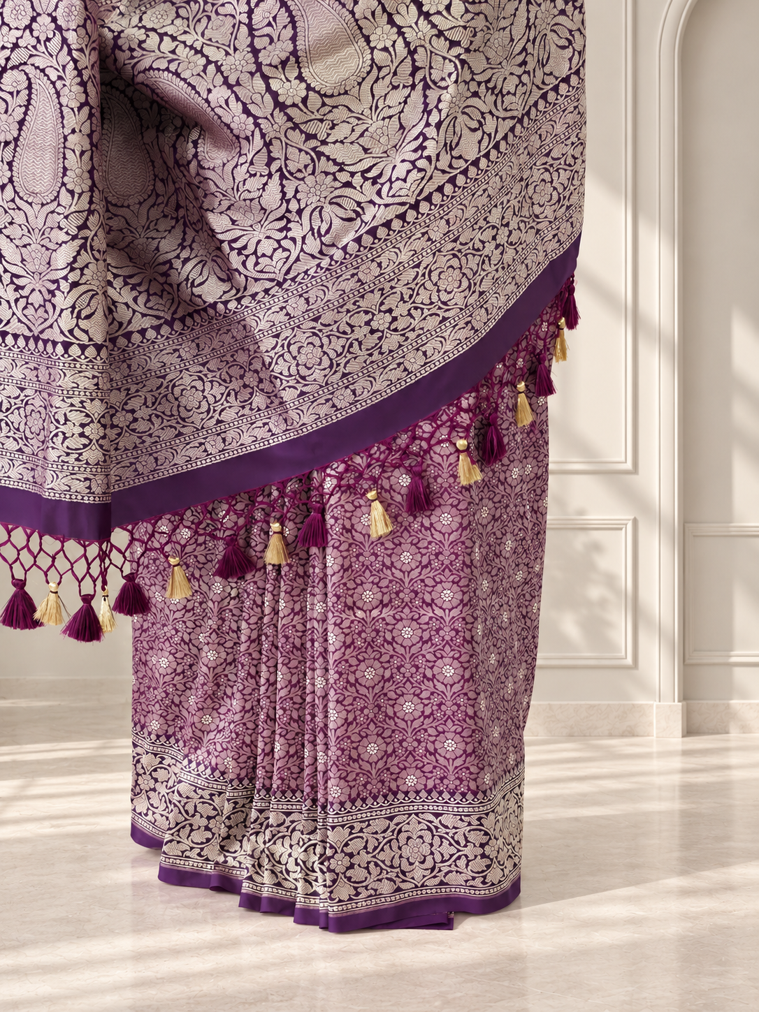 wine crepe jaal silk saree with contrasting floral border