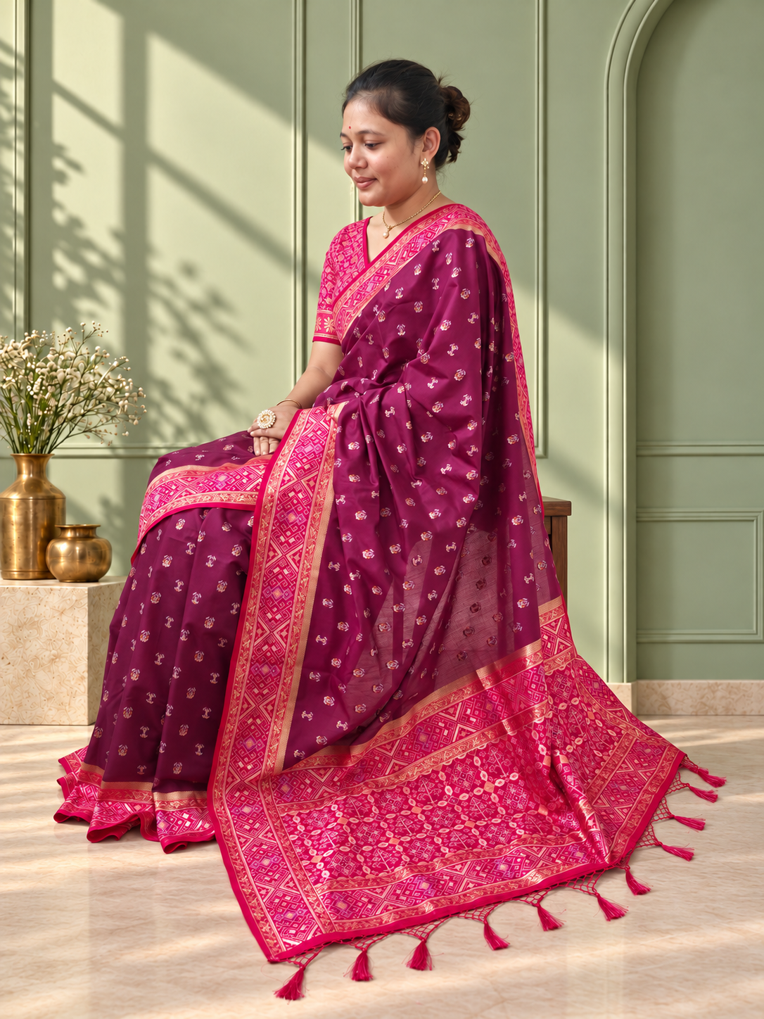 Maroon Magenta Silk Patola Saree with Geometric Woven Border