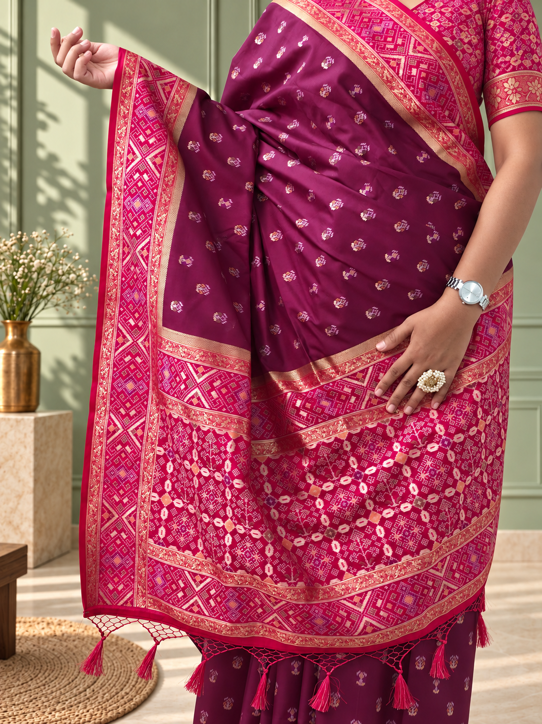 maroon magenta silk patola saree with geometric woven border