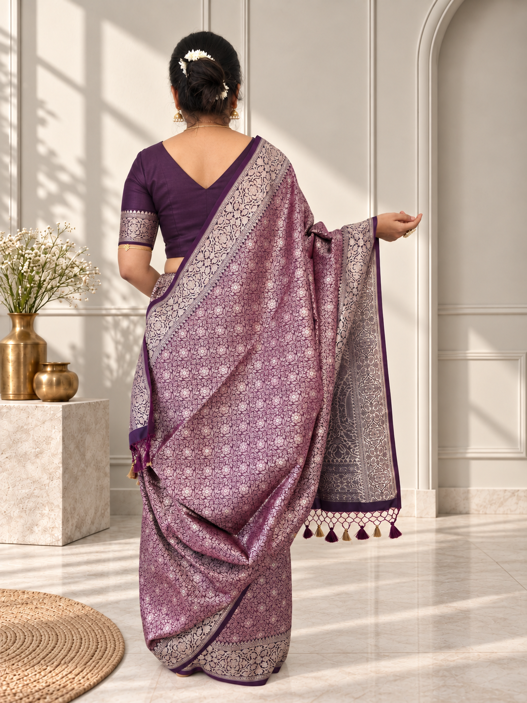 Wine Crepe Jaal Silk Saree with Contrasting Floral Border