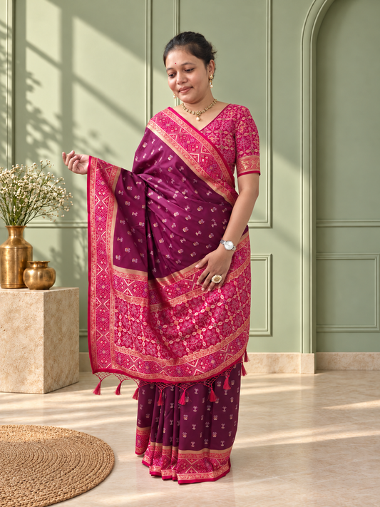 Maroon Magenta Silk Patola Saree with Geometric Woven Border