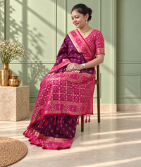 Maroon Magenta Silk Patola Saree with Geometric Woven Border