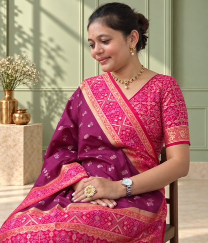 Maroon Magenta Silk Patola Saree with Geometric Woven Border