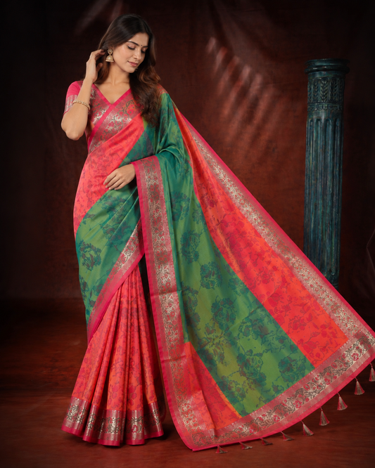 Meadow Bloom Vermilion Multicolour Soft Silk Saree with Meena Border