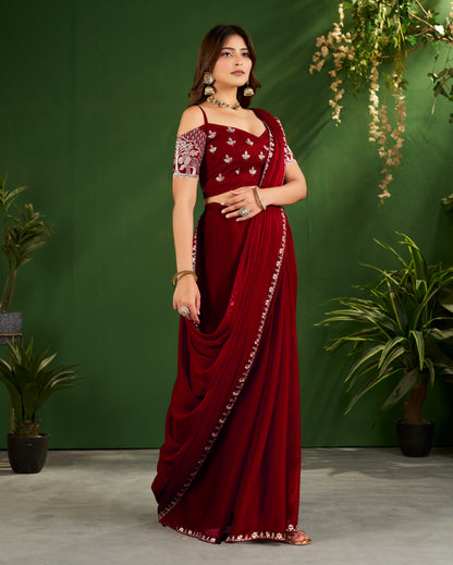 Burgundy Rangoli Silk Saree with Embroidered Blouse