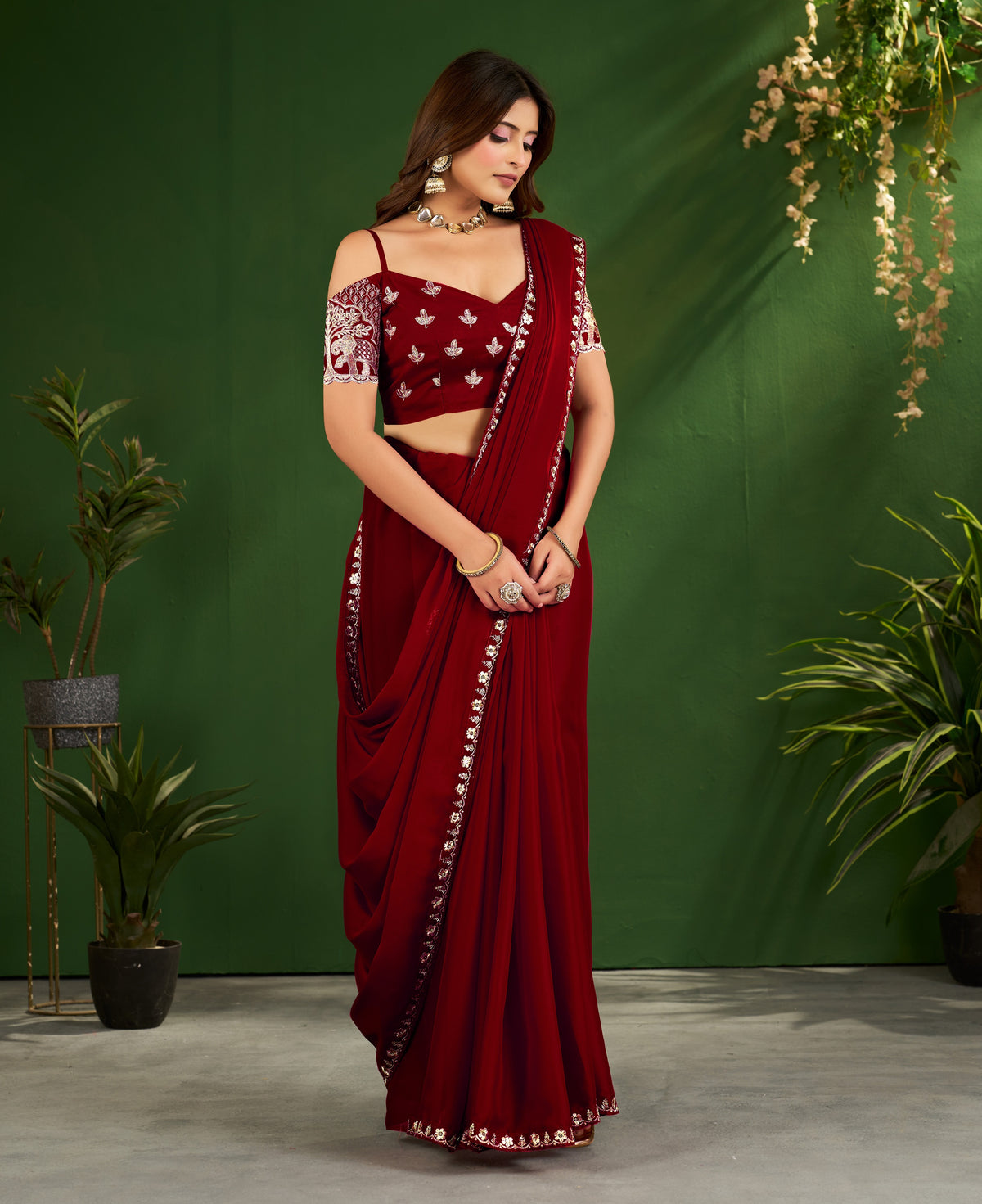 Burgundy Rangoli Silk Saree with Embroidered Blouse