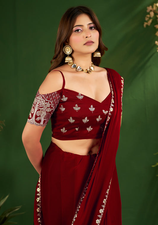 Burgundy Rangoli Silk Saree with Embroidered Blouse