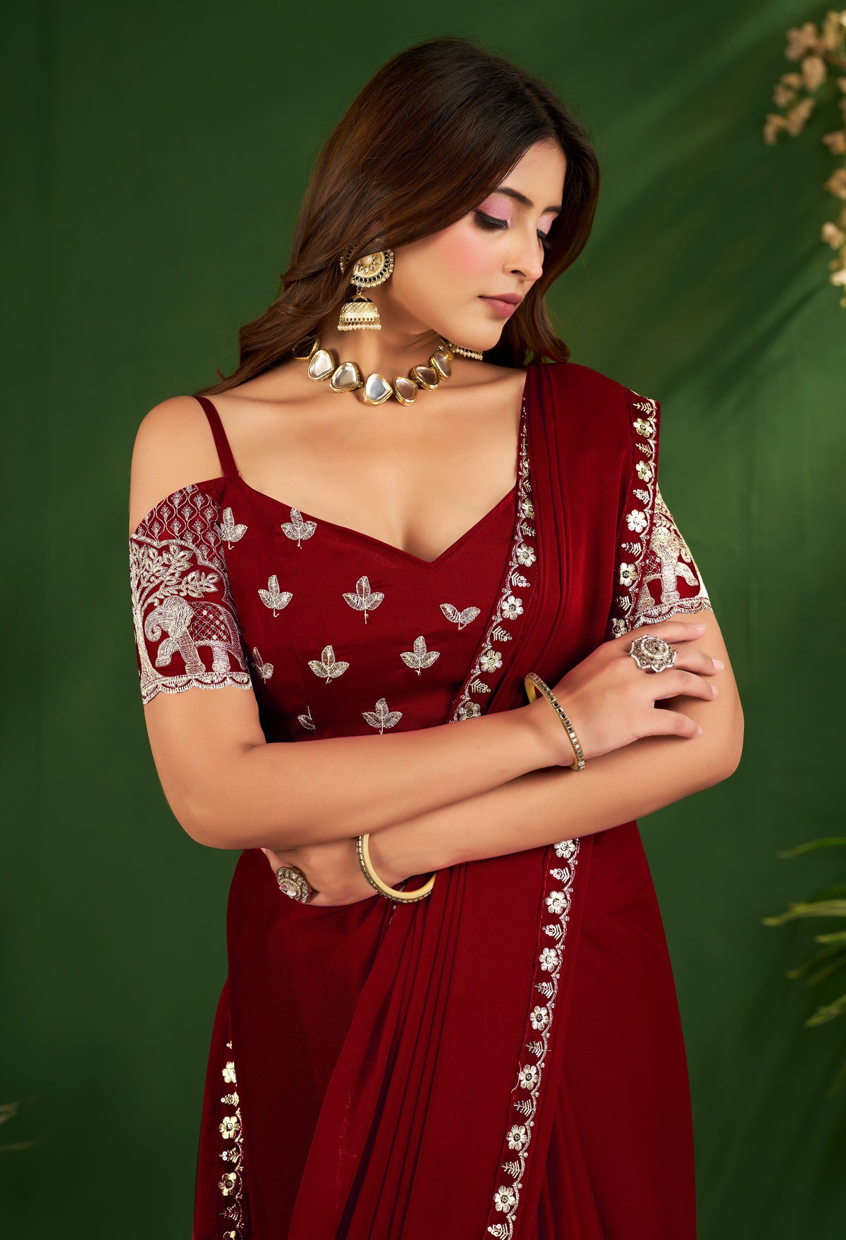 Burgundy Rangoli Silk Saree with Embroidered Blouse