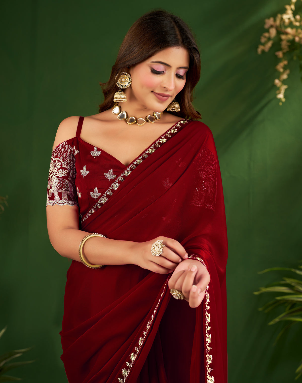 burgundy rangoli silk saree with embroidered blouse