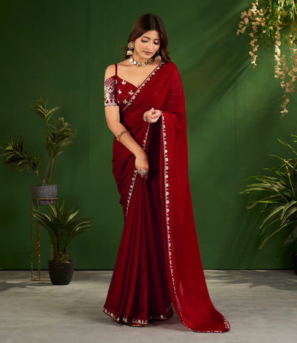 Burgundy Rangoli Silk Saree with Embroidered Blouse