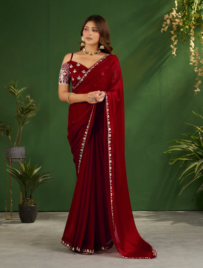 Burgundy Rangoli Silk Saree with Embroidered Blouse