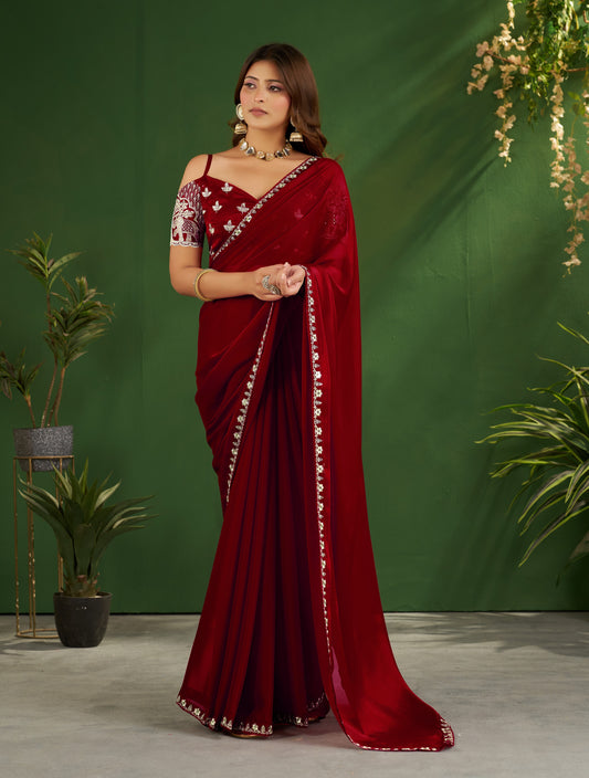 Burgundy Rangoli Silk Saree with Embroidered Blouse
