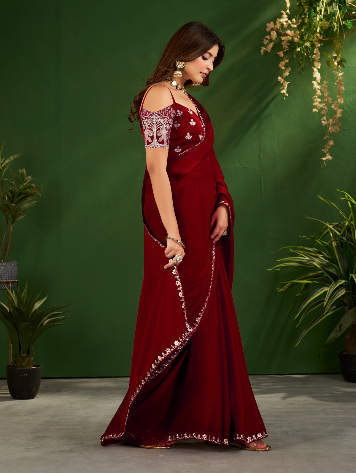 Burgundy Rangoli Silk Saree with Embroidered Blouse