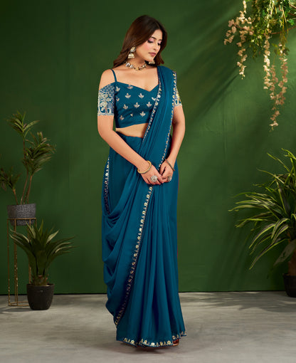 Peacock Blue Rangoli Silk Saree with Embroidered Blouse