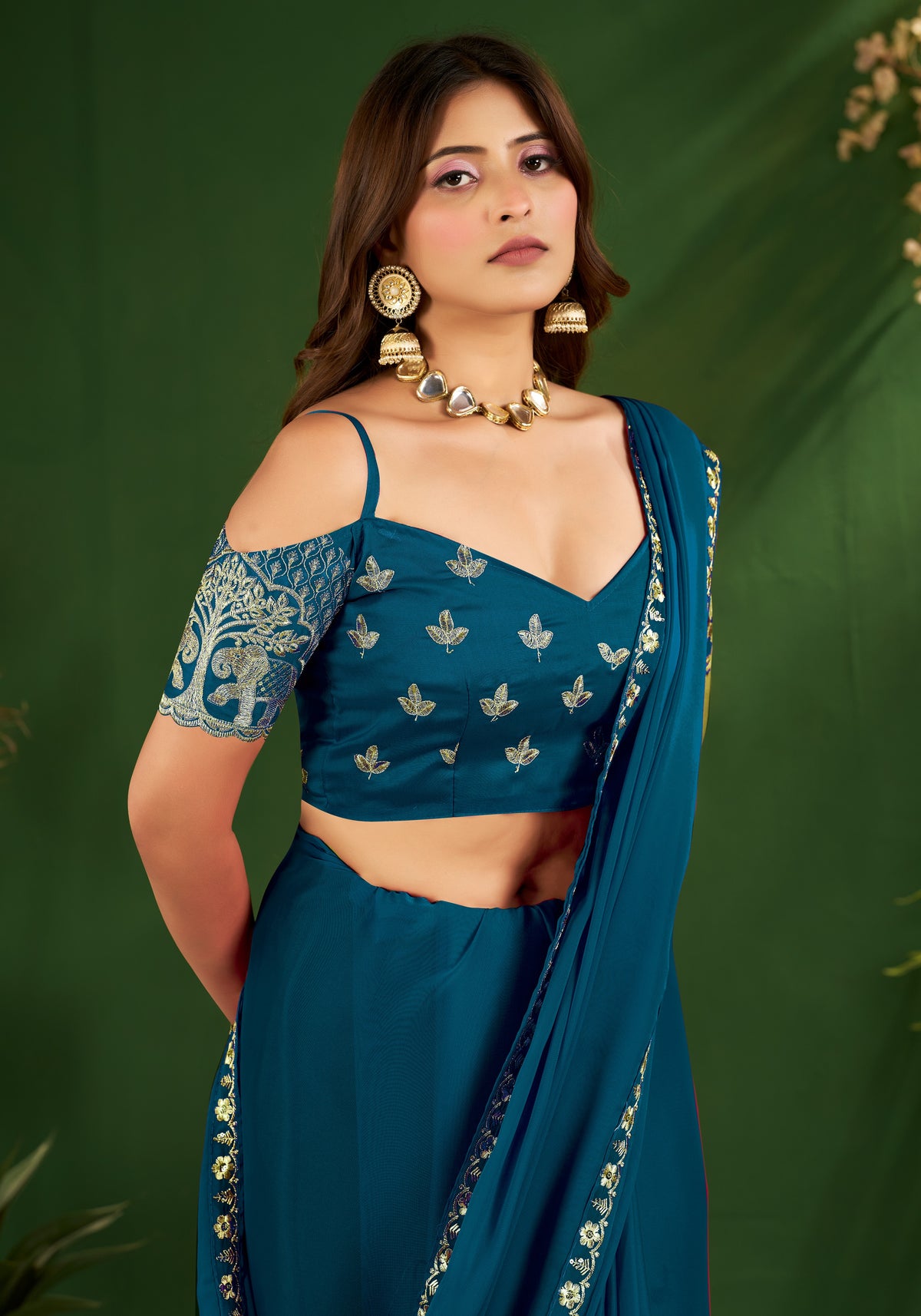 Peacock Blue Rangoli Silk Saree with Embroidered Blouse