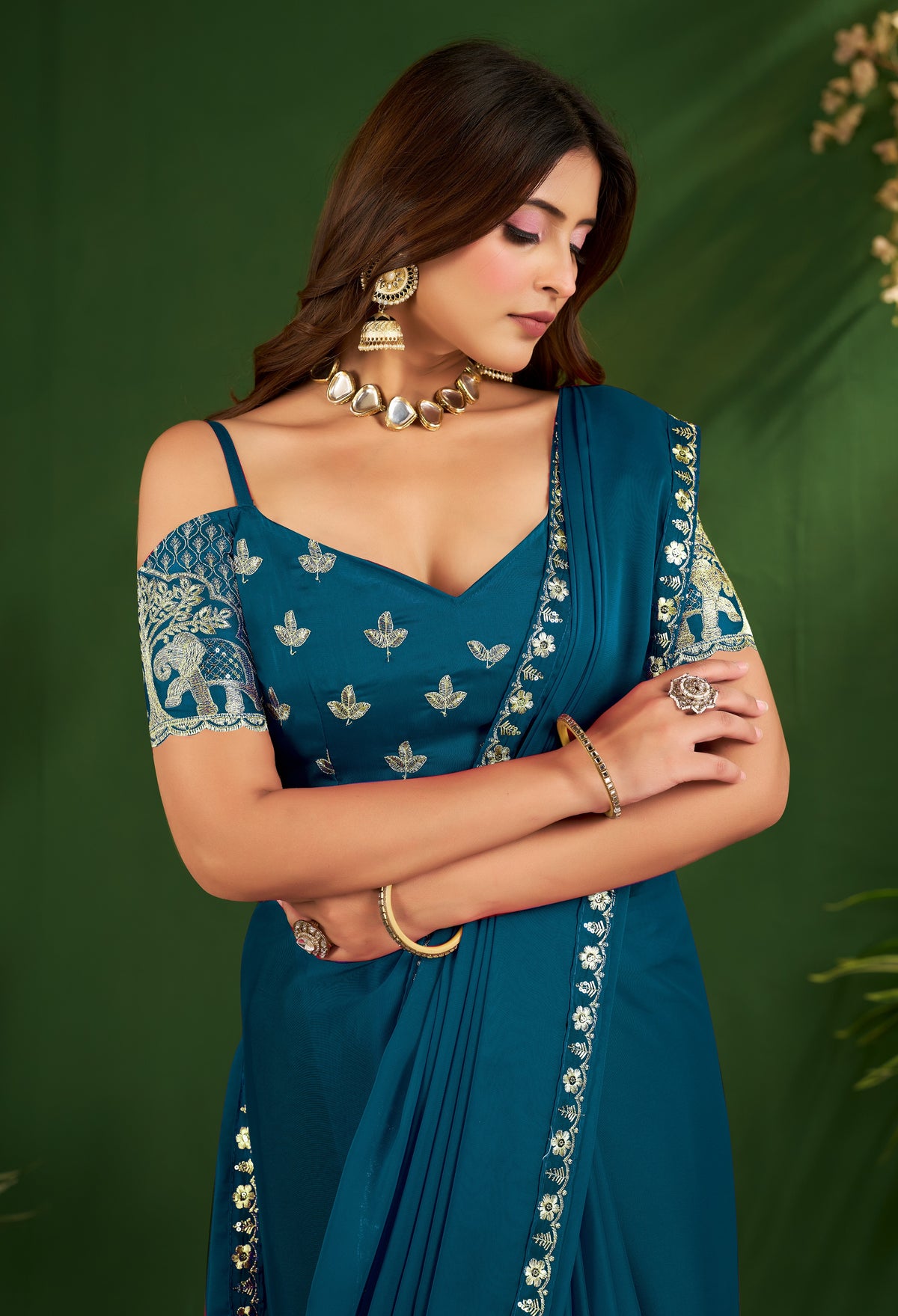 Peacock Blue Rangoli Silk Saree with Embroidered Blouse