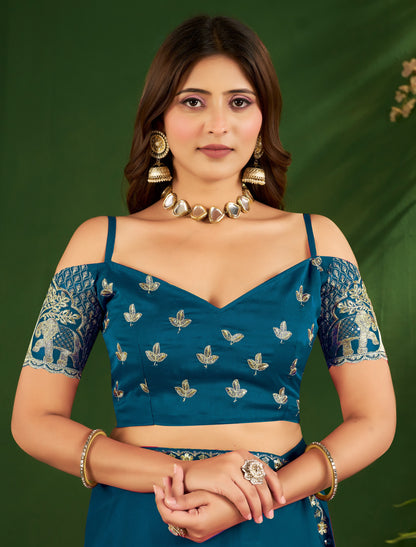 Peacock Blue Rangoli Silk Saree with Embroidered Blouse