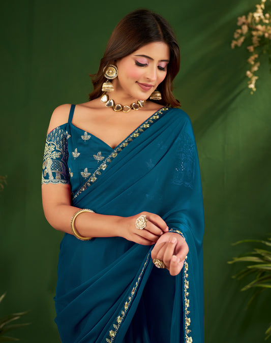 Peacock Blue Rangoli Silk Saree with Embroidered Blouse