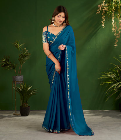 Peacock Blue Rangoli Silk Saree with Embroidered Blouse