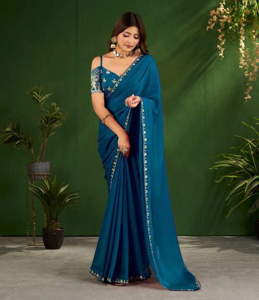 Peacock Blue Rangoli Silk Saree with Embroidered Blouse