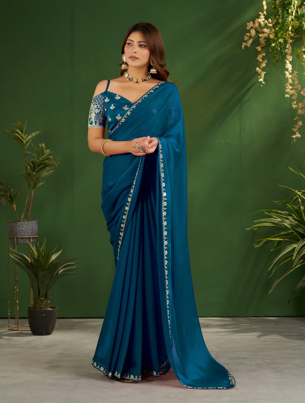 Peacock Blue Rangoli Silk Saree with Embroidered Blouse