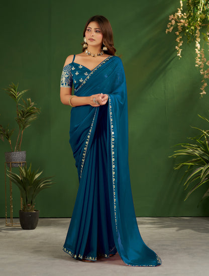 Peacock Blue Rangoli Silk Saree with Embroidered Blouse