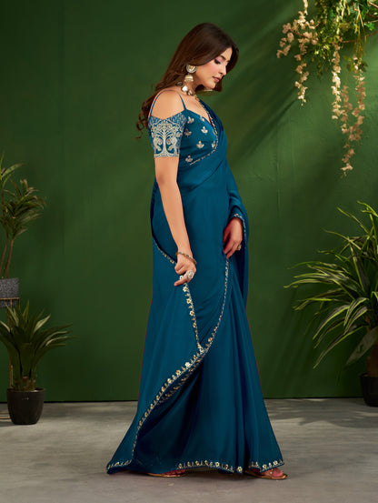 Peacock Blue Rangoli Silk Saree with Embroidered Blouse