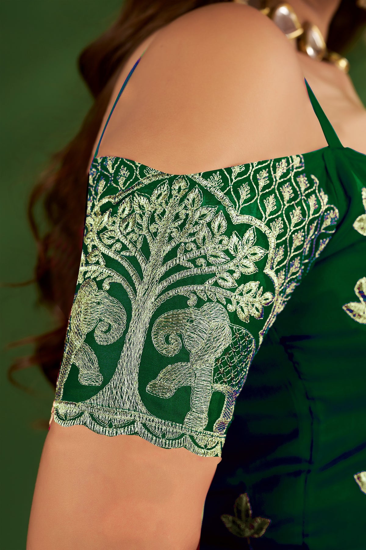 emerald green rangoli silk saree with embroidered blouse