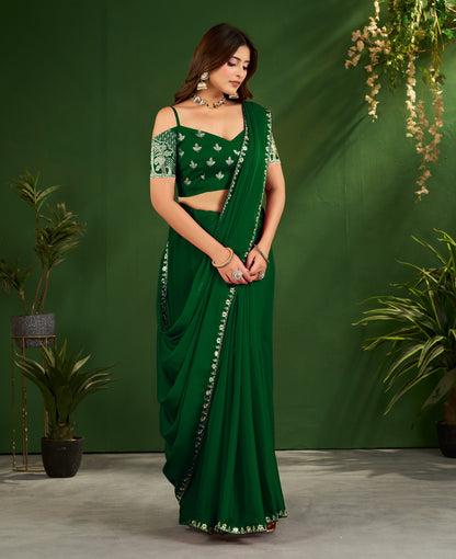 Emerald Green Rangoli Silk Saree with Embroidered Blouse