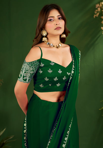 Emerald Green Rangoli Silk Saree with Embroidered Blouse