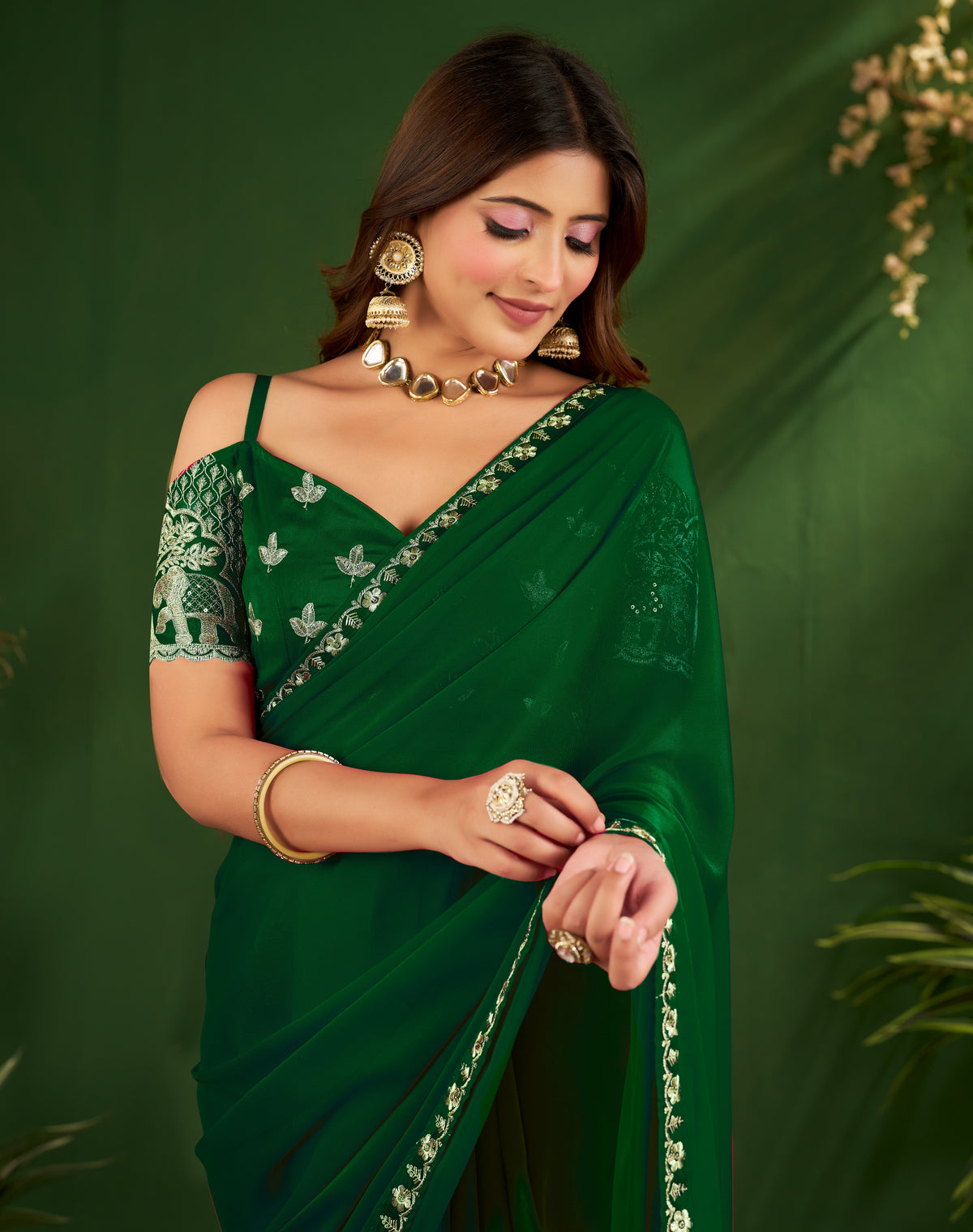 Emerald Green Rangoli Silk Saree with Embroidered Blouse