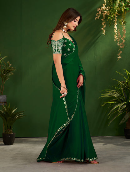 Emerald Green Rangoli Silk Saree with Embroidered Blouse